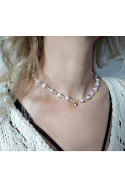 Nuvole Bianche Accessory Pudra Pırıltı Uçlu Kristal Boncuklu Barok Inci Kolye