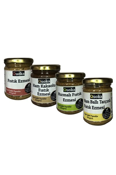 QUOKA Şekersiz Fıstık Parçalı Hurmalı Ham Kakolu Ballı Tarçınlı Fıstık Ezmesi Doğal 4 Adet X 200 gr