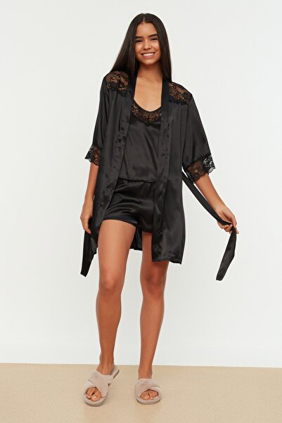 Trendyol Collection Black Belted Lace Satin Woven Dressing Gown Thmss21Sb0001