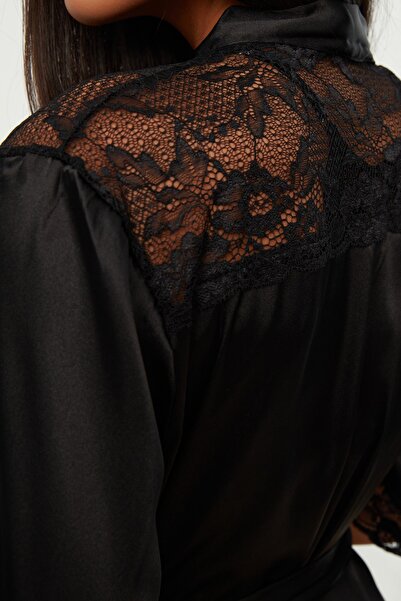 Trendyol Collection Black Belted Lace Satin Woven Dressing Gown Thmss21Sb0001