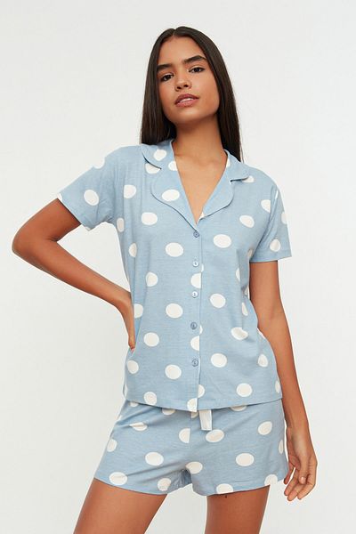 Trendyol Collection Комплект спално облекло от 100% памук и къси панталони на сини точки - THMSS20PT0077