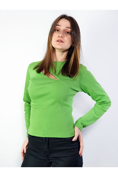 MERİCEY Жіноча зелена блуза з вирізами та шнурівкою