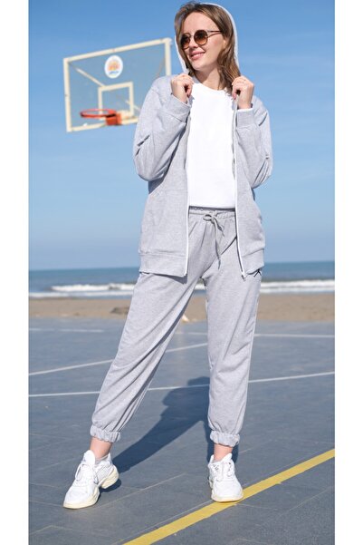 Berika Mila Gri Kadın Fermuarlı Kapüşonlu Oversize & Bol Kesim Sweatshirt