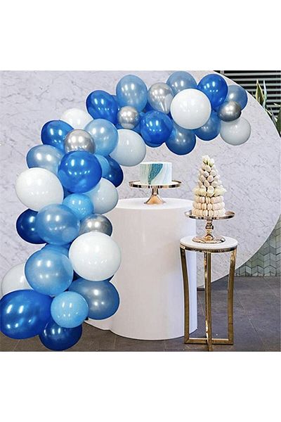 Red&More 100 Pieces Blue White Silver Metallic Balloon and Balloon Chain