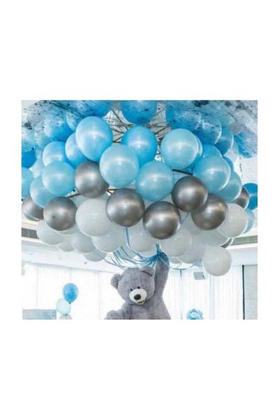 Red&More 50 Pieces A. blue-white-silver Metallic Balloon, 5 Mt Balloon Chain, Party Balloon Set