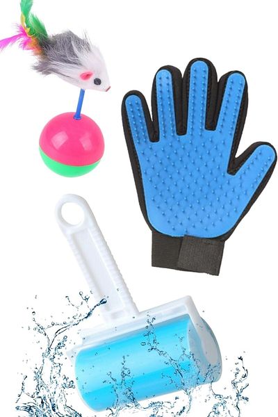 Buffer ® Set of 3 Washable Dust Collection Roller + Fluff Cleaning Glove + Cat Toy with Mouse