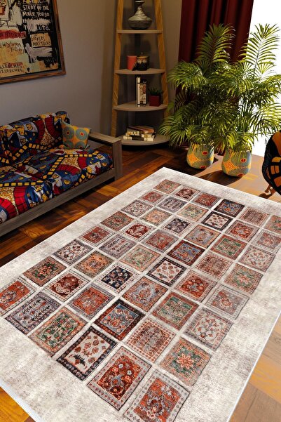 10 Post Online Salon Halısı Kilim Desenli Otantik Eskitme Bej Kaydırmaz Kesme...