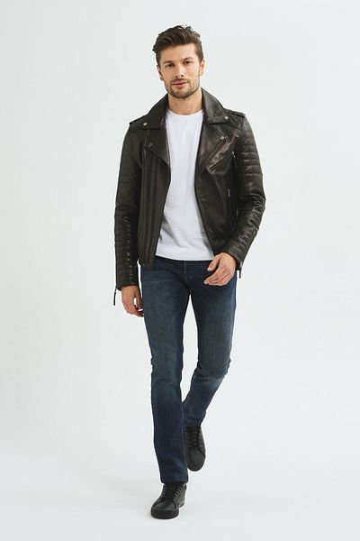 İkbal Biker Black Genuine Leather Coat Men