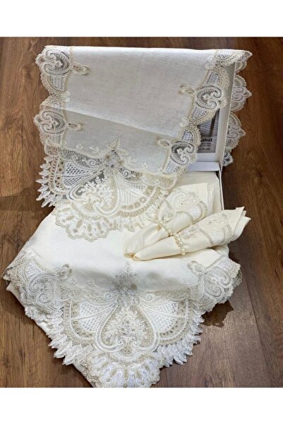 Etz Home Lale Masa Örtüsü 12 Kişilik Linen Kumas Krem Sofra Takımı Yemek Takı...