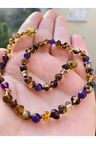 NİSSBEBE Sertifikalı Orijinal Fosilli Yeşil Kehribar Bebek Diş Kolyesi 32-33 Cm 0-3 Yaş(ametist Taşlı)