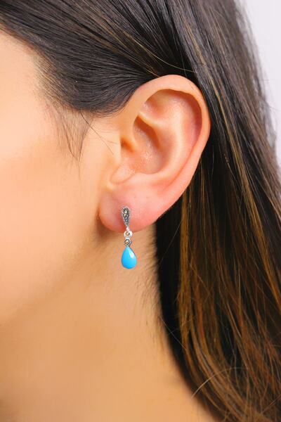 Midyat Nurtaş Gümüş Firuze ve Markazit Taşlı 925 Ayar Gümüş Küpe MNG201012427