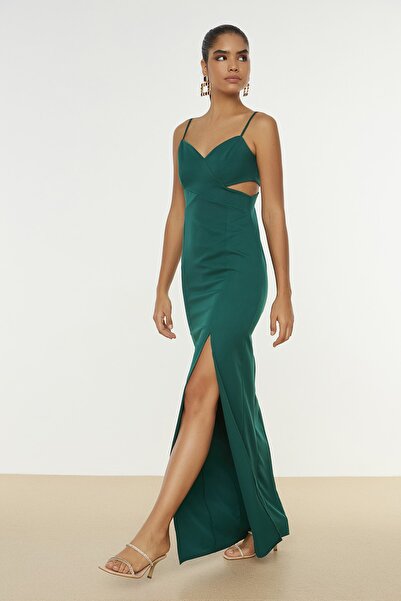 Trendyol Collection Rochie de seară lungă, țesută verde smarald, cu ferestre/decupate TPRSS19UT0124