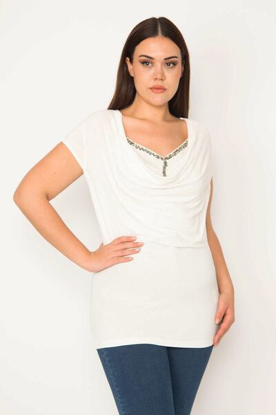 Şans Γυναικεία μπλούζα από κοκάλι μεγάλου μεγέθους με λεπτομερή χαμηλό γιακά ...