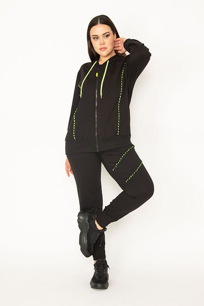 Şans Women's Large Size Green Zipper and Hood Detailed Sweatshirt Trousers Tracksuit Set 65n31122