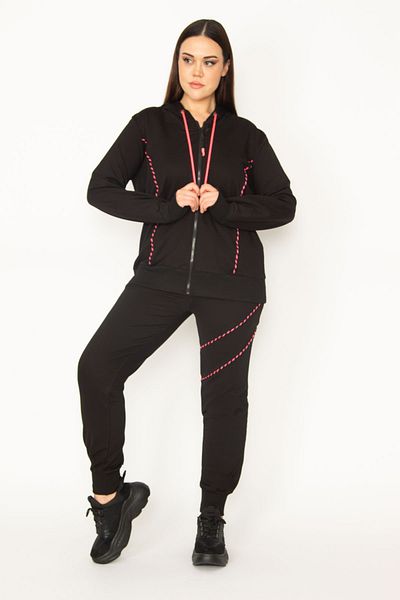 Şans Women's Large Size Colorful Zipper and Hood Detailed Sweatshirt Trousers Tracksuit 65n31122