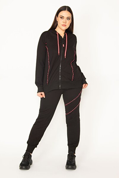 Şans Women's Large Size Colorful Zipper and Hood Detailed Sweatshirt Trousers Tracksuit 65n31122