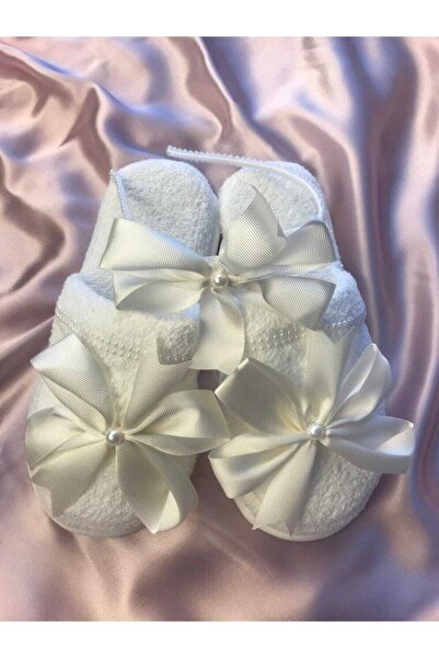 Tasarım Fiyonklu Krem Lohusa Terlik Taç Seti 2022