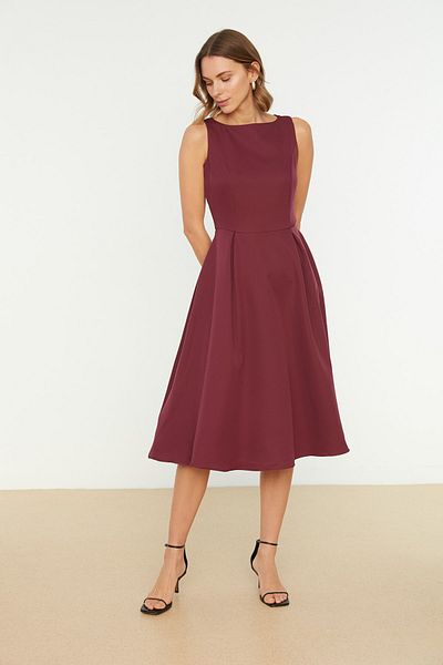 Trendyol Collection Rochie țesută Midi plisată cu deschidere în talie prune TWOSS20EL0980