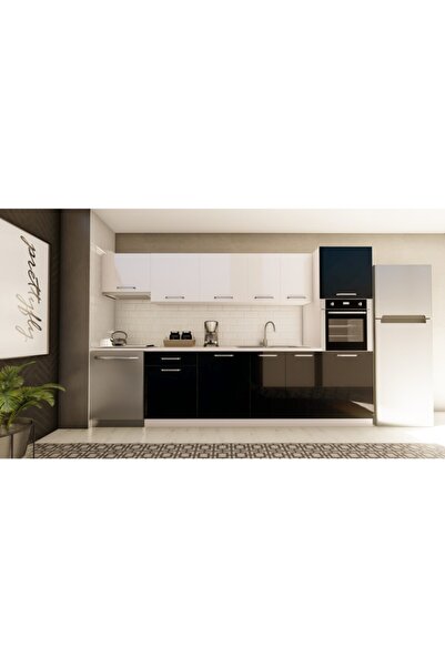 visasconcept 320 Cm Şimal Hazır Mutfak Dolabı Aspiratör Ve Ankastre Kiler Modüllü Parlak Beyaz Ve Siyah