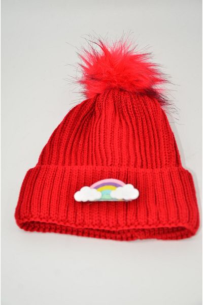 mottomia New Year/Valentine's Day Special Collection Red Colored Beanie with Pompom and Rainbow Figures