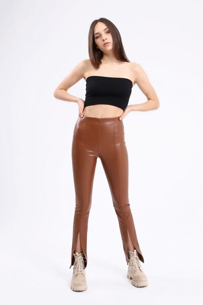 Grenj Fashion Кожени клинове с висока талия и цепка отпред в кафяво