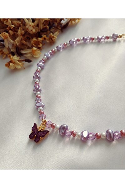 Fata Morgana Accessory Kelebek Uçlu Kristal Boncuklu Mor Barok Inci Kolye