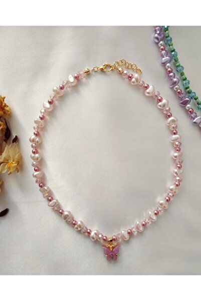 Fata Morgana Accessory Kelebek Uçlu Kristal Boncuklu Pudra Barok İnci Kolye