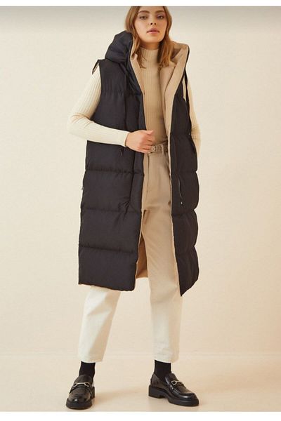 ECRİN MODA Women's Double-Sided Long Hooded Sleeveless Puffer Vest