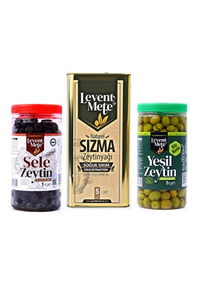 Levent Mete Tuzsuz Sele Gemlik Zeytini 1 Kg Taş Kırma Yeşil Zeytin 1 Kg Soğuk Sıkım Sızma Zeytinyağı 5 L