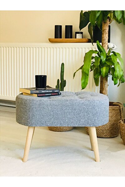 WEBPANYA Gürgen Ahşap Ayak Gri Kumaş Oval Puf Bench Sandalye