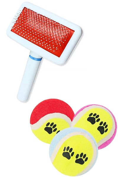 Buffer ® Stainless Wire Cat Dog Feather Combing Flea Brush +® 3-Piece Colorful Patterned Tennis Ball