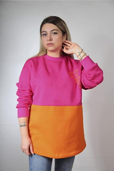 Ava Renk Bloklu Nakış Detaylı Pembe-turuncu Oversize Şardonlu Örme Sweatshirt