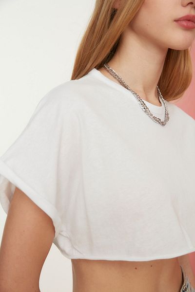 Trendyol Collection Tricou alb, 100% bumbac, cu decolteu rotund, tricotat super crop TWOSS21TS0091