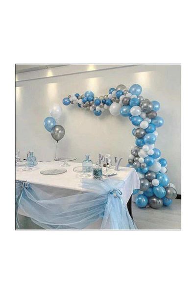 Red&More 50 Pieces A. blue-white-silver Metallic Balloon, 5 Mt Balloon Chain, Party Balloon Set