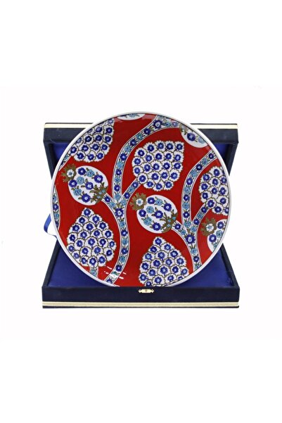 OTANTİK ÇİNİ Kırmızı Zemin Narçiçeği Dekorlu Hediyelik Kadife Kutulu Tabak 30 cm