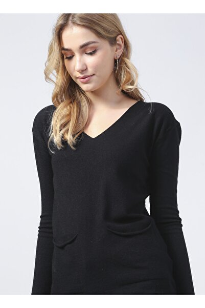 Fabrika V Yaka Basic Düz Siyah Kadın Kazak - 20282