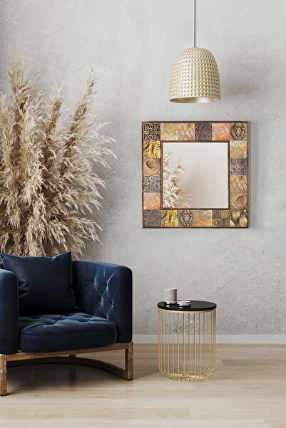bluecape Lyon Doğal Ağaç 62x62 Cm Antik Limra Taş Çerçeveli Dekoratif ayna