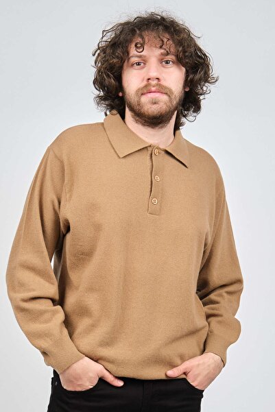 IDA Ανδρικό πουλόβερ με γιακά πόλο Lambswool 0593147 Camel