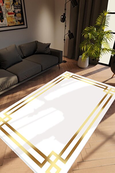 10 Post Online Salon Halısı Modern Çizgili Altın Beyaz Gold Kaydırmaz Kesme Yıkanabilir Ince Halı Tüysüz Kilim