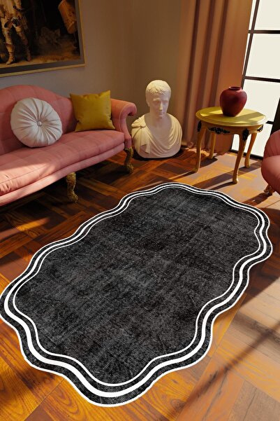 10 Post Online Salon Halısı Klasik Modern Lazer Kesim Gri Siyah Kaydırmaz Kes...