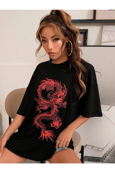 MODAGEN MoonLife Women's Black Chinese Dragon Printed Oversize T-shirt