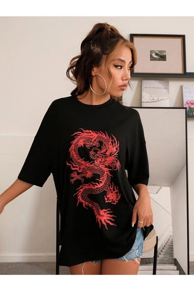 MODAGEN MoonLife Women's Black Chinese Dragon Printed Oversize T-shirt