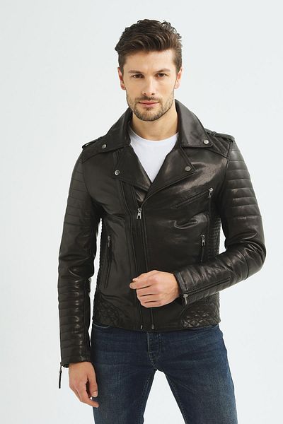 İkbal Biker Black Genuine Leather Coat Men