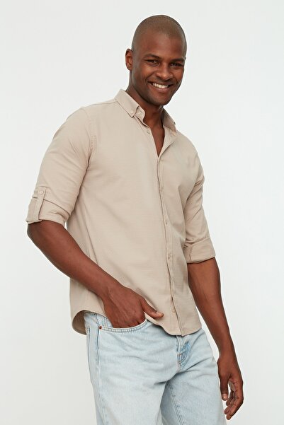 Trendyol Collection Beige Slim Fit Shirt - Buttoned Collar, Epaulettes, TMNSS22GO0090