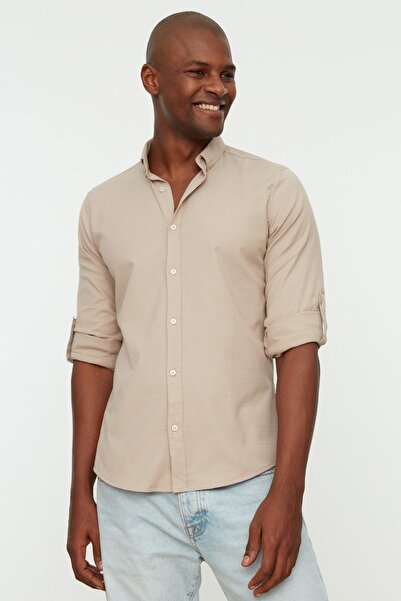 Trendyol Collection Beige Slim Fit Shirt - Buttoned Collar, Epaulettes, TMNSS22GO0090