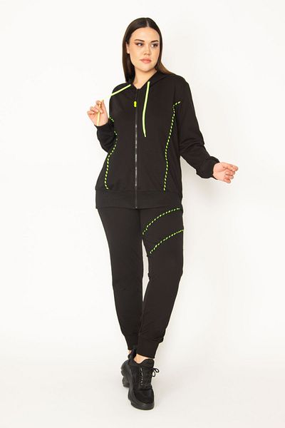 Şans Women's Large Size Green Zipper and Hood Detailed Sweatshirt Trousers Tracksuit Set 65n31122