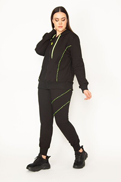 Şans Women's Large Size Green Zipper and Hood Detailed Sweatshirt Trousers Tracksuit Set 65n31122