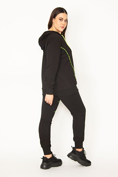 Şans Women's Large Size Green Zipper and Hood Detailed Sweatshirt Trousers Tracksuit Set 65n31122