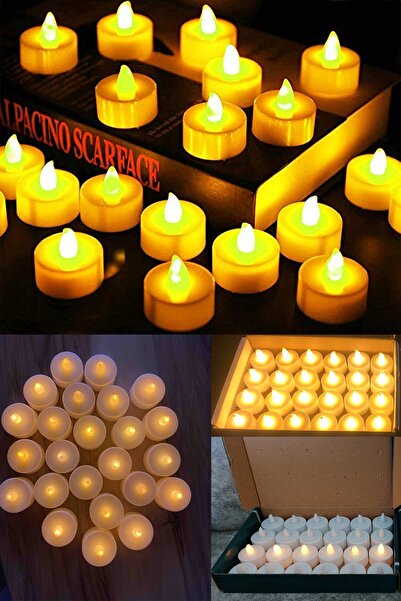 Parti dolabı 24lü Yuvarlak Beyaz Pilli Led Mum Sarı Işık Ledli Tealight Mumlar Mum Işıklı Dumansız