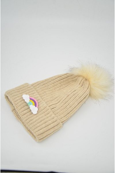 mottomia New Year's Special Collection - Beige Rainbow Figured Beret with Pompom